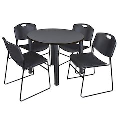 36 in Round Breakroom Table- Grey Top, Black Legs, 4 Zeng Stack Chairs- Black