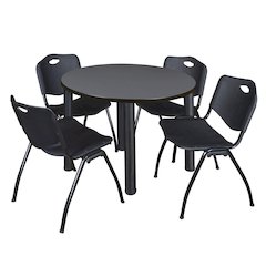 36 in Round Breakroom Table- Grey Top, Black Legs, 4 M Stack Chairs- Black