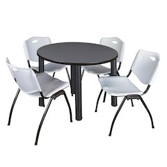 36 in Round Breakroom Table- Grey Top, Black Legs, 4 M Stack Chairs- Grey