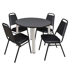 36 in Round Breakroom Table- Grey Top, Chrome Legs, 4 Restaurant Stack Chairs
