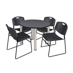 Kee 36" Round Breakroom Table- Grey/ Chrome & 4 Zeng Stack Chairs- Black