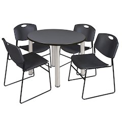 36 in Round Breakroom Table- Grey Top, Chrome Legs, 4 Zeng Stack Chairs- Black