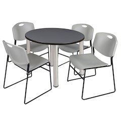 36 in Round Breakroom Table- Grey Top, Chrome Legs, 4 Zeng Stack Chairs- Grey