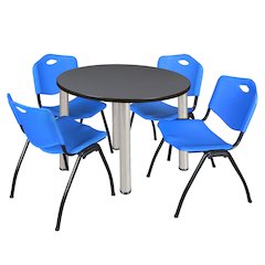 36 in Round Breakroom Table- Grey Top, Chrome Legs, 4 M Stack Chairs- Blue