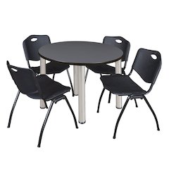 36 in Round Breakroom Table- Grey Top, Chrome Legs, 4 M Stack Chairs- Black