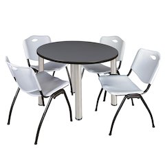 36 in Round Breakroom Table- Grey Top, Chrome Legs, 4 M Stack Chairs- Grey