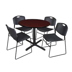 36 in. Round X-Base Breakroom Table- Mahogany & 4 Zeng Stack Chairs- Black