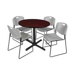 36 in. Round X-Base Breakroom Table- Mahogany & 4 Zeng Stack Chairs- Grey