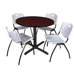 36 in. Round X-Base Breakroom Table- Mahogany & 4 M Stack Chairs- Grey