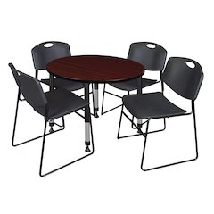 36 in. Round Adjustable Classroom Table- Mahogany & 4 Zeng Stack Chairs- Black
