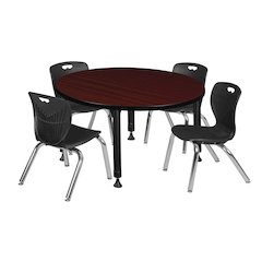 36 Round Adjustable Classroom Table- Mahogany & 4 Andy 12 Stack Chairs- Black