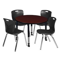 36 Round Adjustable Classroom Table- Mahogany & 4 Andy 18 Stack Chairs- Black
