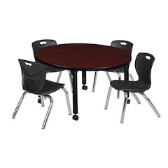 36 Round Adjustable Classroom Table- Mahogany & 4 Andy 12 Stack Chairs- Black