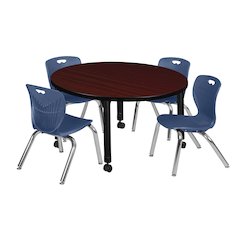 36 Round Adjustable Classroom Table- Mahogany & 4 Andy 12 Stack Chairs- Blue