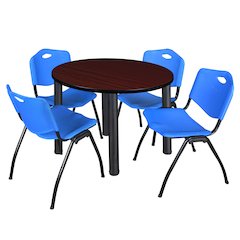 36 in Round Breakroom Table- Mahogany Top, Black Legs, 4 M Stack Chairs- Blue