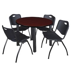 36 in Round Breakroom Table- Mahogany Top, Black Legs, 4 M Stack Chairs- Black
