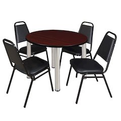 36 Round Breakroom Table- Mahogany Top, Chrome Legs, 4 Restaurant Stack Chairs