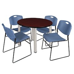 36 Round Breakroom Table- Mahogany Top, Chrome Legs, 4 Zeng Stack Chairs- Blue