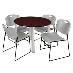 36 Round Breakroom Table- Mahogany Top, Chrome Legs, 4 Zeng Stack Chairs- Grey