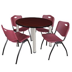 36 Round Breakroom Table- Mahogany Top, Chrome Legs, 4 M Stack Chairs- Burgundy