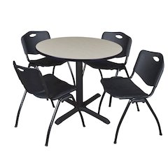 36 in. Round X-Base Breakroom Table- Maple & 4 M Stack Chairs- Black