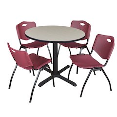 36 in. Round X-Base Breakroom Table- Maple & 4 M Stack Chairs- Burgundy