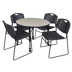 36 Round Mobile Adjustable Classroom Table- Maple & 4 Zeng Stack Chairs- Black