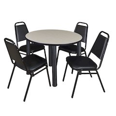 36 in Round Breakroom Table- Maple Top, Black Legs, 4 Restaurant Stack Chairs