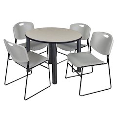 36 in Round Breakroom Table- Maple Top, Black Legs, 4 Zeng Stack Chairs- Grey