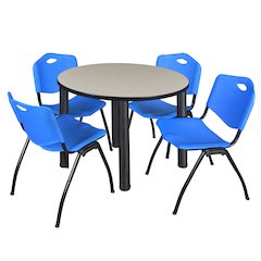 36 in Round Breakroom Table- Maple Top, Black Legs, 4 M Stack Chairs- Blue