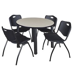 36 in Round Breakroom Table- Maple Top, Black Legs, 4 M Stack Chairs- Black