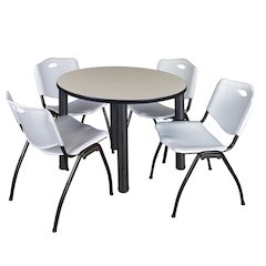 36 in Round Breakroom Table- Maple Top, Black Legs, 4 M Stack Chairs- Grey