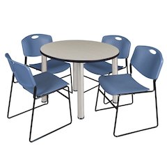 36 in Round Breakroom Table- Maple Top, Chrome Legs, 4 Zeng Stack Chairs- Blue