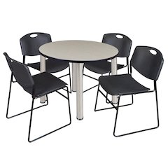 36 in Round Breakroom Table- Maple Top, Chrome Legs, 4 Zeng Stack Chairs- Black