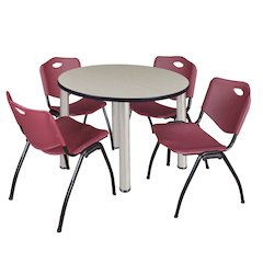 36 in Round Breakroom Table- Maple Top, Chrome Legs, 4 M Stack Chairs- Burgundy