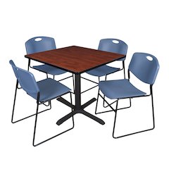 42 in. Square X-Base Breakroom Table- Cherry & 4 Zeng Stack Chairs- Blue