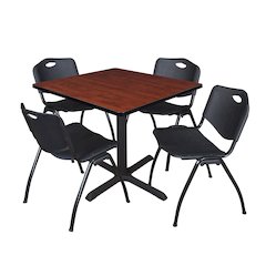 42 in. Square X-Base Breakroom Table- Cherry & 4 M Stack Chairs- Black