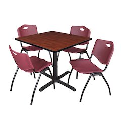 42 in. Square X-Base Breakroom Table- Cherry & 4 M Stack Chairs- Burgundy