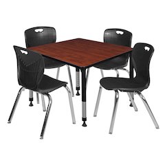 42 Square Adjustable Classroom Table- Cherry & 4 Andy 18 Stack Chairs- Black