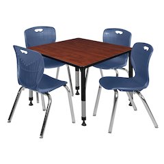 42 Square Adjustable Classroom Table- Cherry & 4 Andy 18 Stack Chairs- Blue