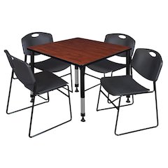42 in. Square Adjustable Classroom Table- Cherry & 4 Zeng Stack Chairs- Black