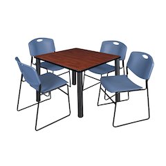 42 in Square Breakroom Table- Cherry Top, Black Legs, 4 Zeng Stack Chairs- Blue