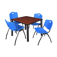 42 in Square Breakroom Table- Cherry Top, Black Legs, 4 M Stack Chairs- Blue