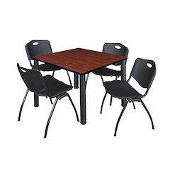 42 in Square Breakroom Table- Cherry Top, Black Legs, 4 M Stack Chairs- Black
