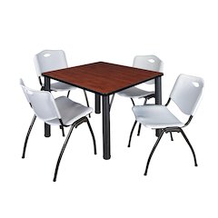 42 in Square Breakroom Table- Cherry Top, Black Legs, 4 M Stack Chairs- Grey
