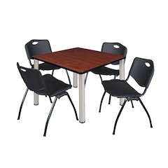 42 in Square Breakroom Table- Cherry Top, Chrome Legs, 4 M Stack Chairs- Black