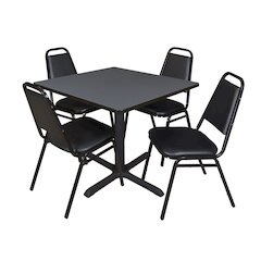 42 in. Square X-Base Breakroom Table- Grey & 4 Restaurant Stack Chairs- Black