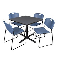 42 in. Square X-Base Breakroom Table- Grey & 4 Zeng Stack Chairs- Blue