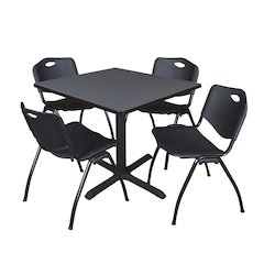 42 in. Square X-Base Breakroom Table- Grey & 4 M Stack Chairs- Black