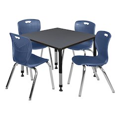 42 Square Adjustable Classroom Table- Grey & 4 Andy 18 Stack Chairs- Blue